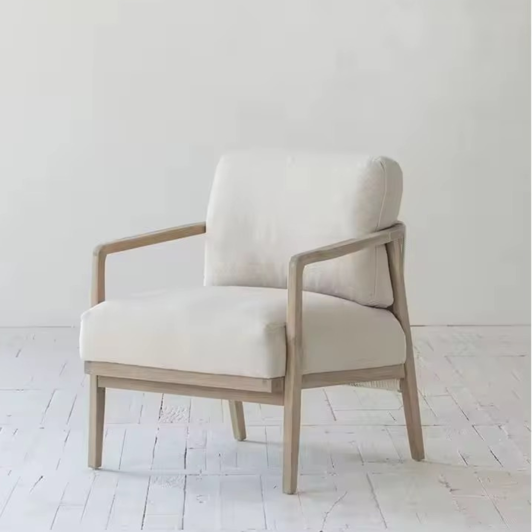 Arvora, Oak Rope Back Armchair in a Smoky Grey Finish with Oatmeal Linen Weave Upholstery & Hand Strung Rope Back Detail 30”L x 32”W x 35”H