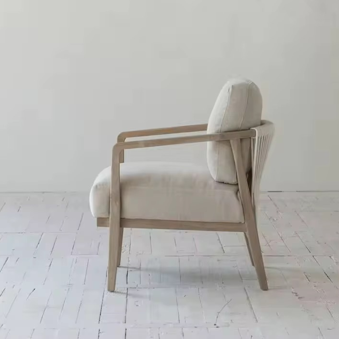 Arvora, Oak Rope Back Armchair in a Smoky Grey Finish with Oatmeal Linen Weave Upholstery & Hand Strung Rope Back Detail 30”L x 32”W x 35”H