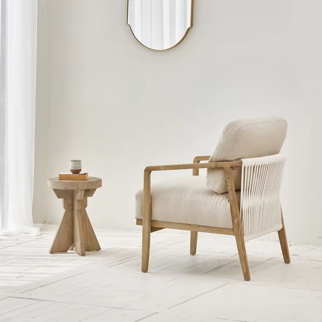 Arvora, Oak Rope Back Armchair in a Smoky Grey Finish with Oatmeal Linen Weave Upholstery & Hand Strung Rope Back Detail 30”L x 32”W x 35”H