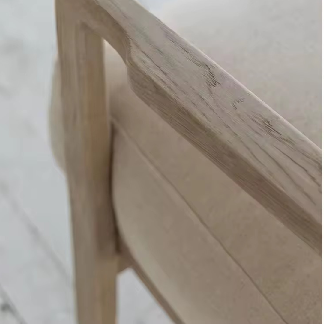 Arvora, Oak Rope Back Armchair in a Smoky Grey Finish with Oatmeal Linen Weave Upholstery & Hand Strung Rope Back Detail 30”L x 32”W x 35”H