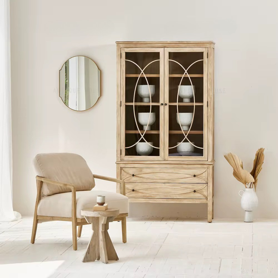 Arvora, Oak Rope Back Armchair in a Smoky Grey Finish with Oatmeal Linen Weave Upholstery & Hand Strung Rope Back Detail 30”L x 32”W x 35”H