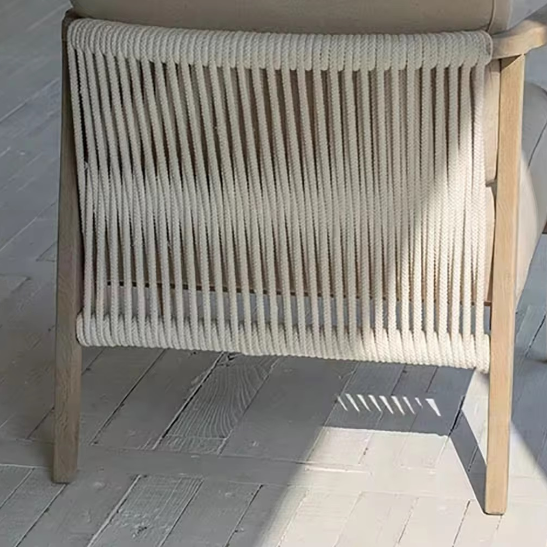 Arvora, Oak Rope Back Armchair in a Smoky Grey Finish with Oatmeal Linen Weave Upholstery & Hand Strung Rope Back Detail 30”L x 32”W x 35”H