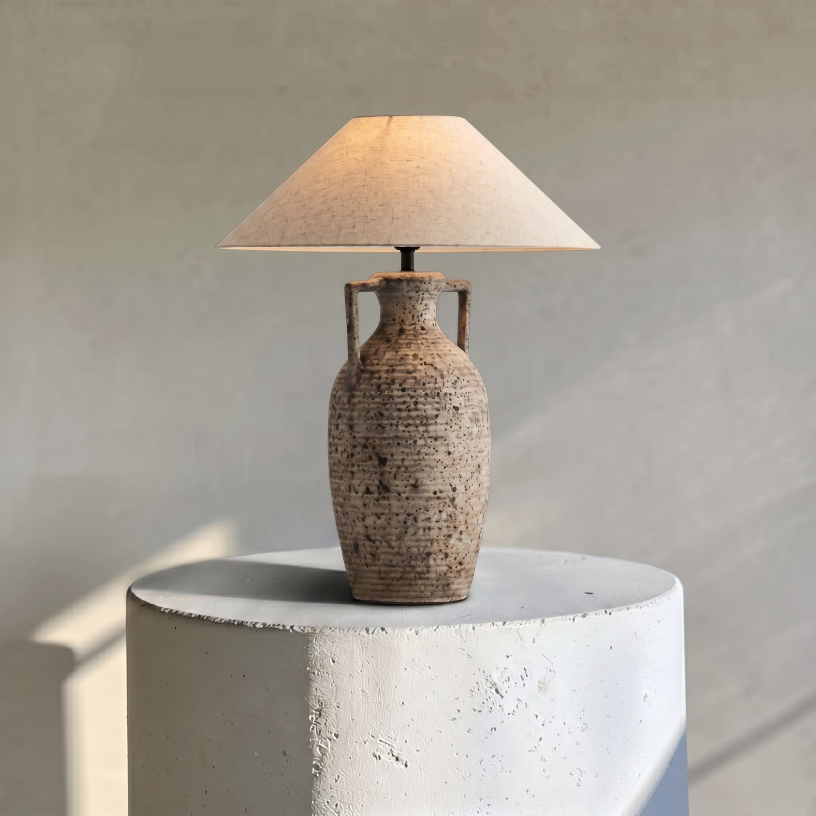 Amphora, Rustic Ceramic Base with Classic Fabric Shade, 19.7" D x 28.3" H