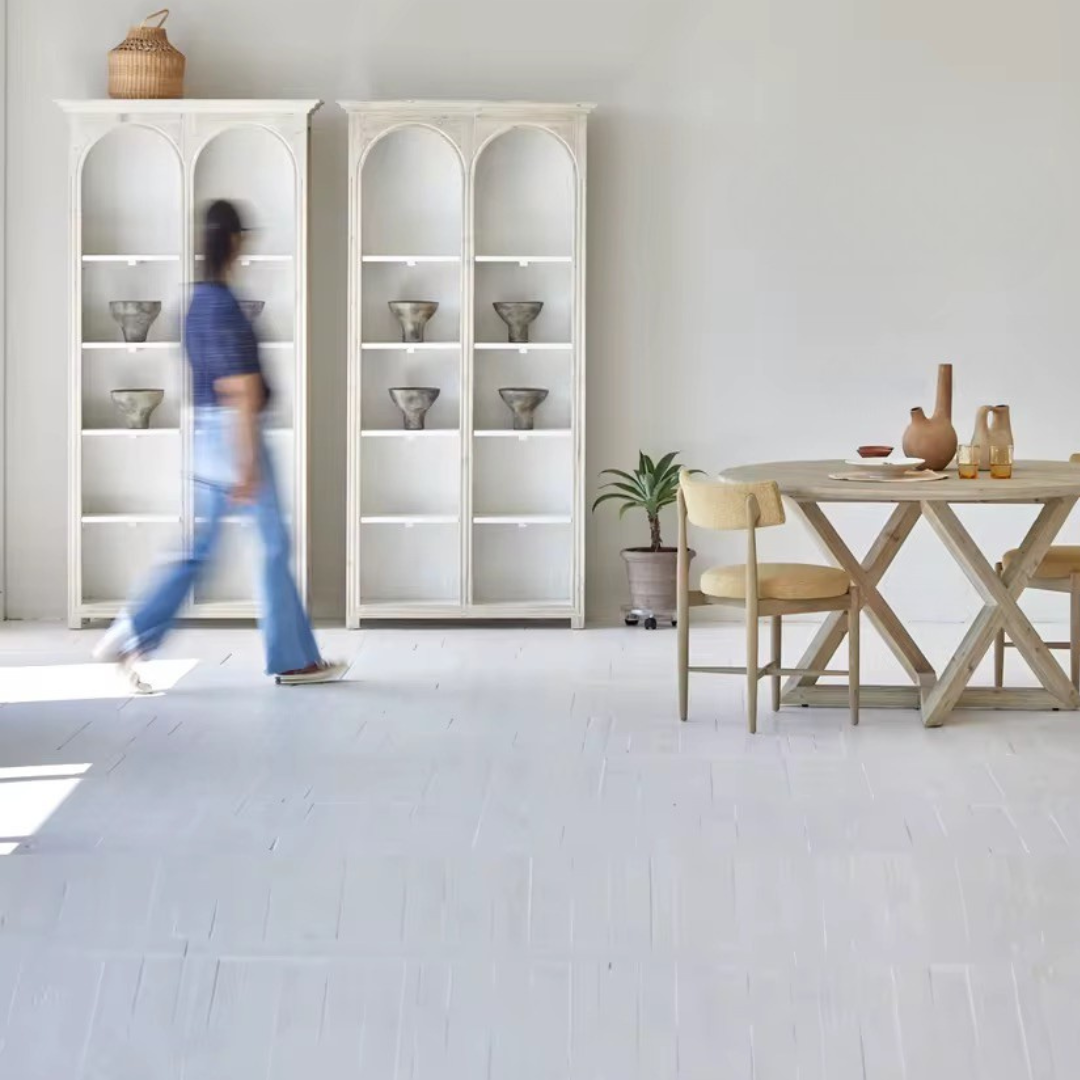 Athis, Double-Arch Recycled Pine, Bookcase/ Display Cabinet in Natural Limewash Finish, 40"L x 12"W x 79"H