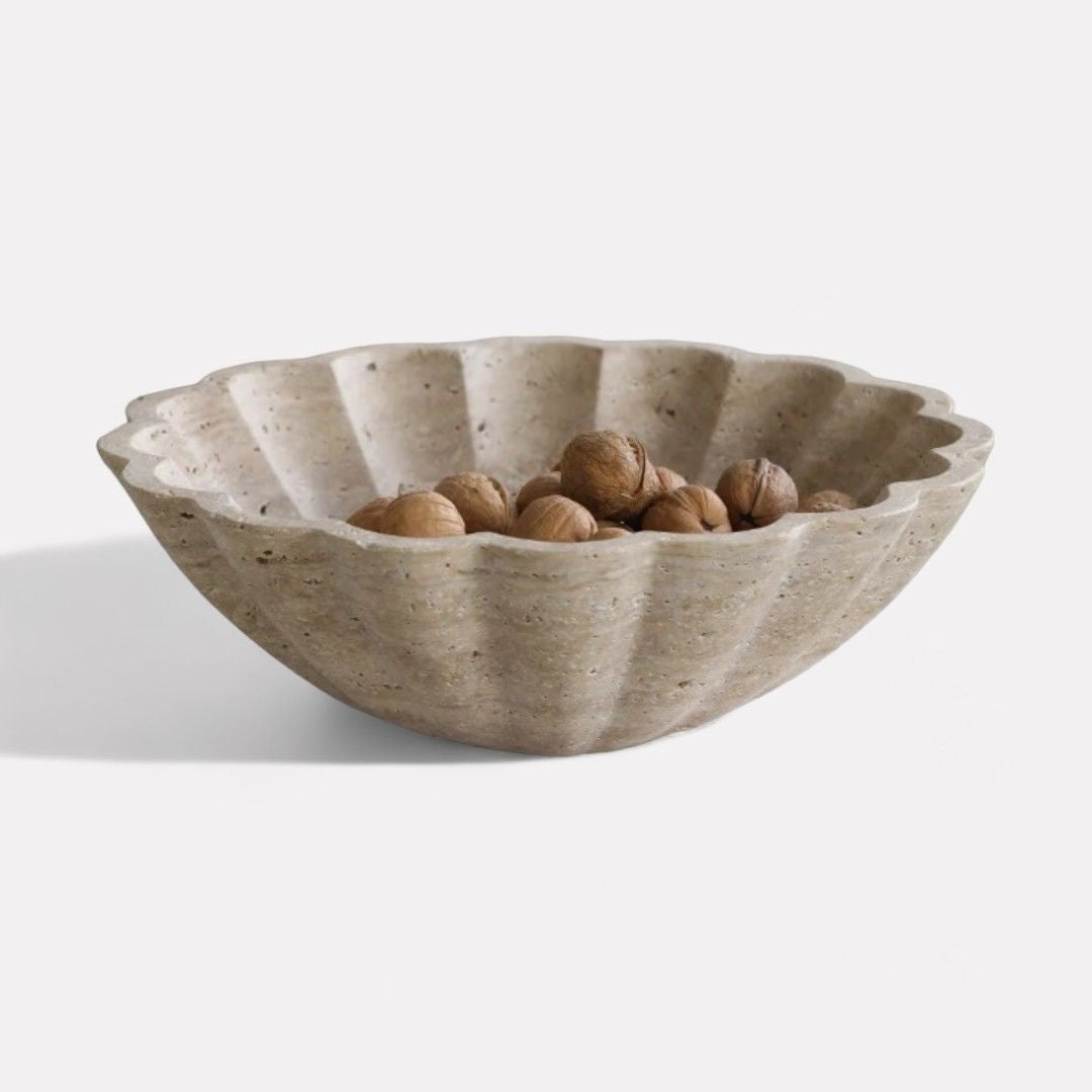 Crescendo Large Beige Travertine Bowl with Scalloped-edge Detail