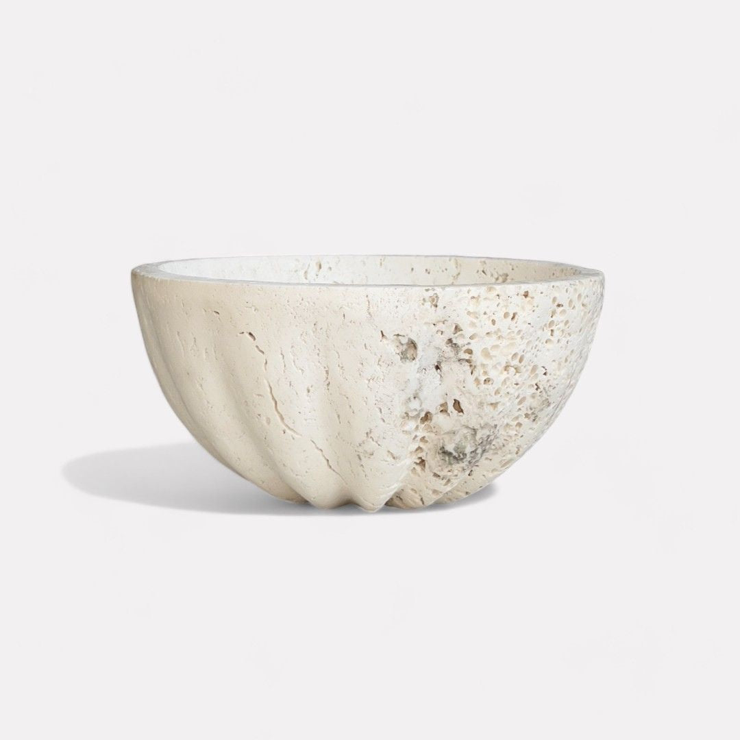 Corona Borealis, White Travertine mid-size bowl, curvilinear-edged Detail