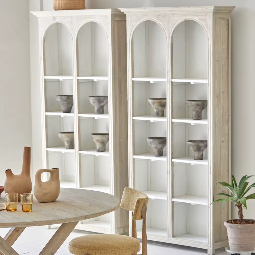 Athis, Double-Arch Recycled Pine, Bookcase/ Display Cabinet in Natural Limewash Finish, 40"L x 12"W x 79"H