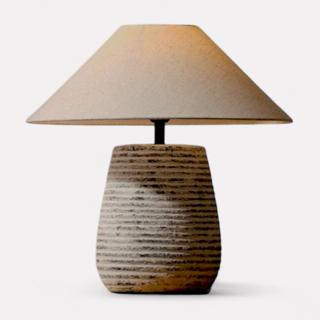 Solvia, Striated Sandstone Ceramic Base with Linen Dawn Fabric Shade, 19.7" D x 19.7" H