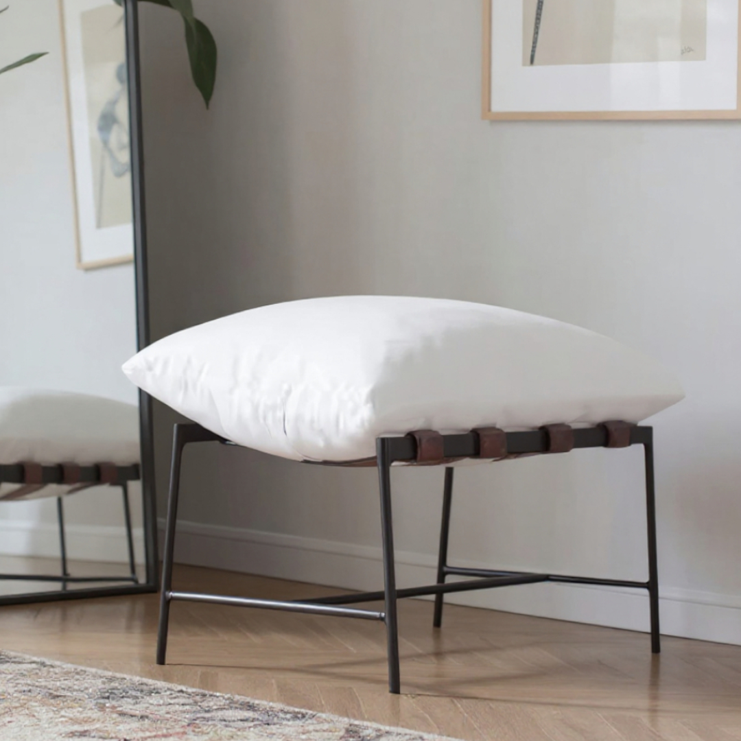 Vera, Steel & Leather Lounge Chair Foot Stool in White, 24”L x 17”W x 14”H