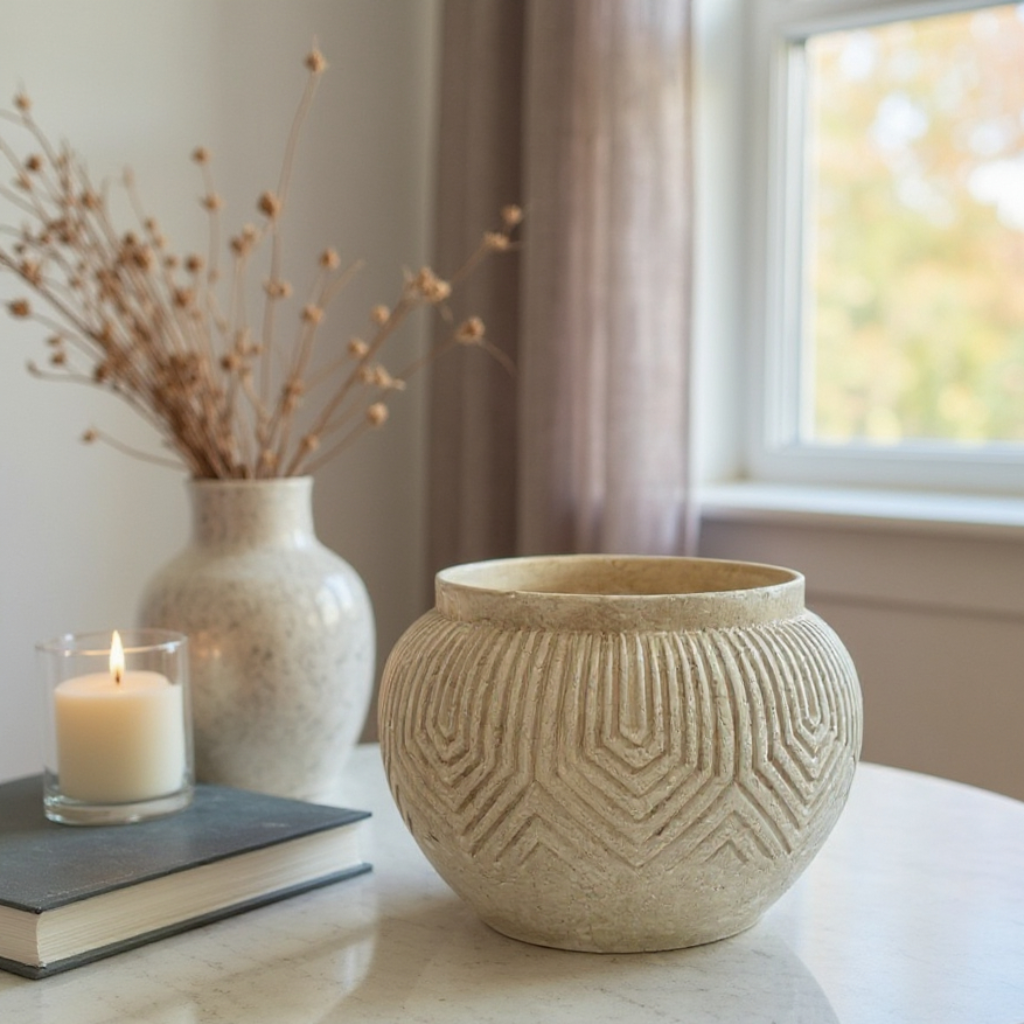 Linden Concrete Vessel in Natural Sandstone, 8"D X 6"H