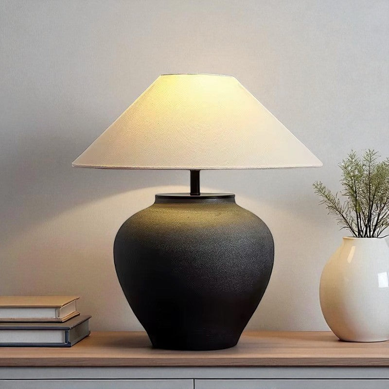Lumora, Matte Ceramic Lamp, Noir Haven Silhouette with a Textured Fabric Shade 15.7"D x 15"H