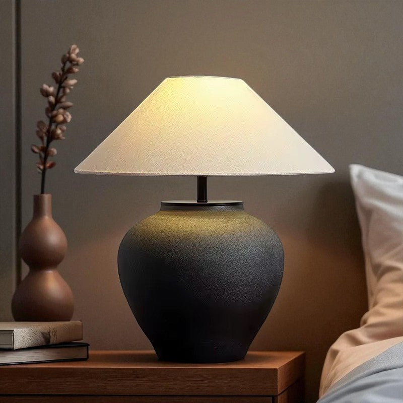 Lumora, Matte Ceramic Lamp, Noir Haven Silhouette with a Textured Fabric Shade 15.7"D x 15"H