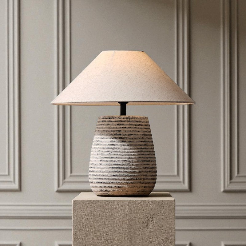 Solvia, Striated Sandstone Ceramic Base with Linen Dawn Fabric Shade, 19.7" D x 19.7" H