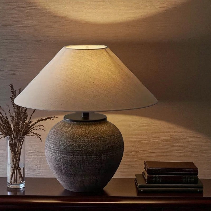 Erya, Textured Ceramic Base with Beige Glow Hemp Blend Shade, 15" D x 25.6" H