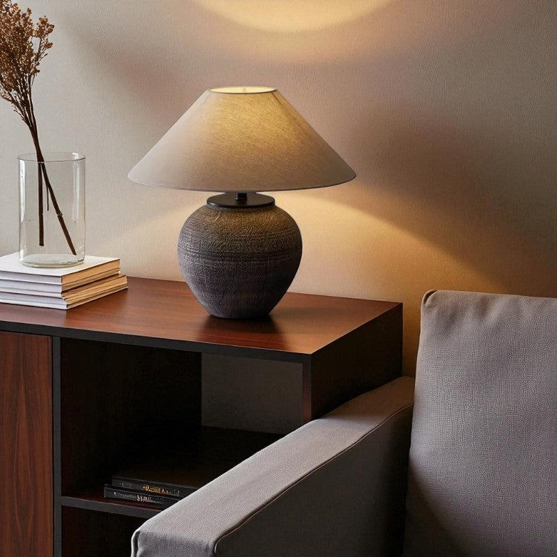 Erya, Textured Ceramic Base with Beige Glow Hemp Blend Shade, 15" D x 25.6" H