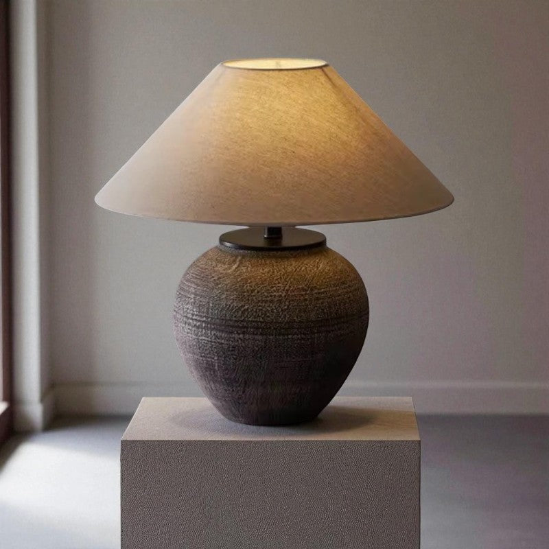 Erya, Textured Ceramic Base with Beige Glow Hemp Blend Shade, 15" D x 25.6" H