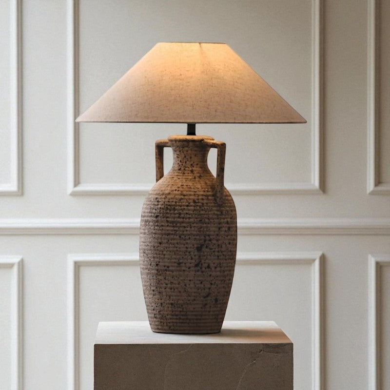Amphora, Rustic Ceramic Base with Classic Fabric Shade, 19.7" D x 28.3" H