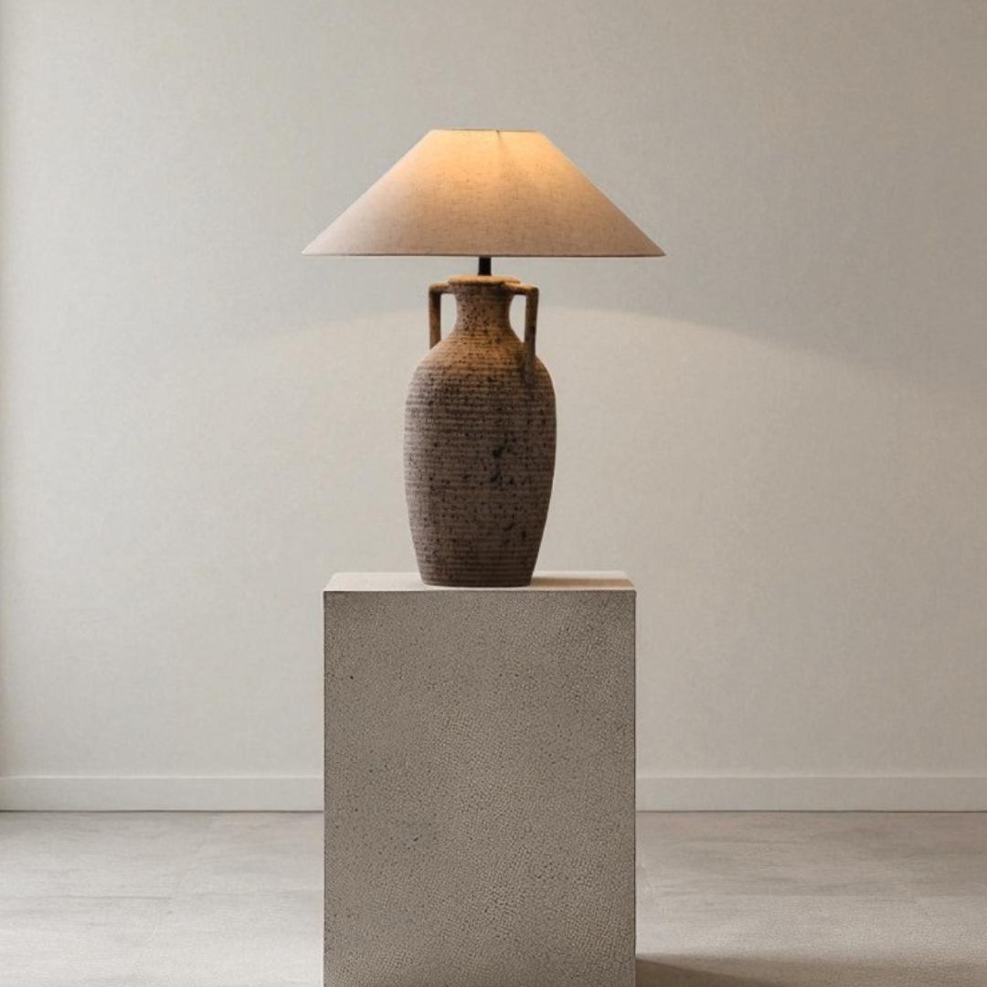 Amphora, Rustic Ceramic Base with Classic Fabric Shade, 19.7" D x 28.3" H