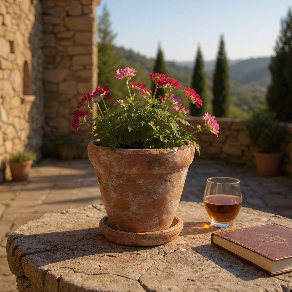 Venice Cement Planter with Dish and Drainage Hole, Handcrafted in Aged Terracotta, Large & Medium