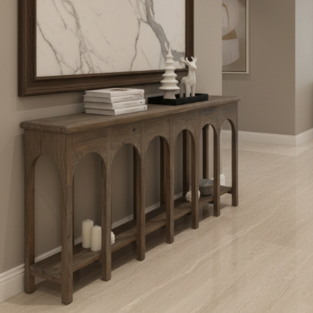 Aeris, Arched Reclaimed Pine Console Table in Cold Smoky Grey Finish, 70”L x 15”W x 33”H