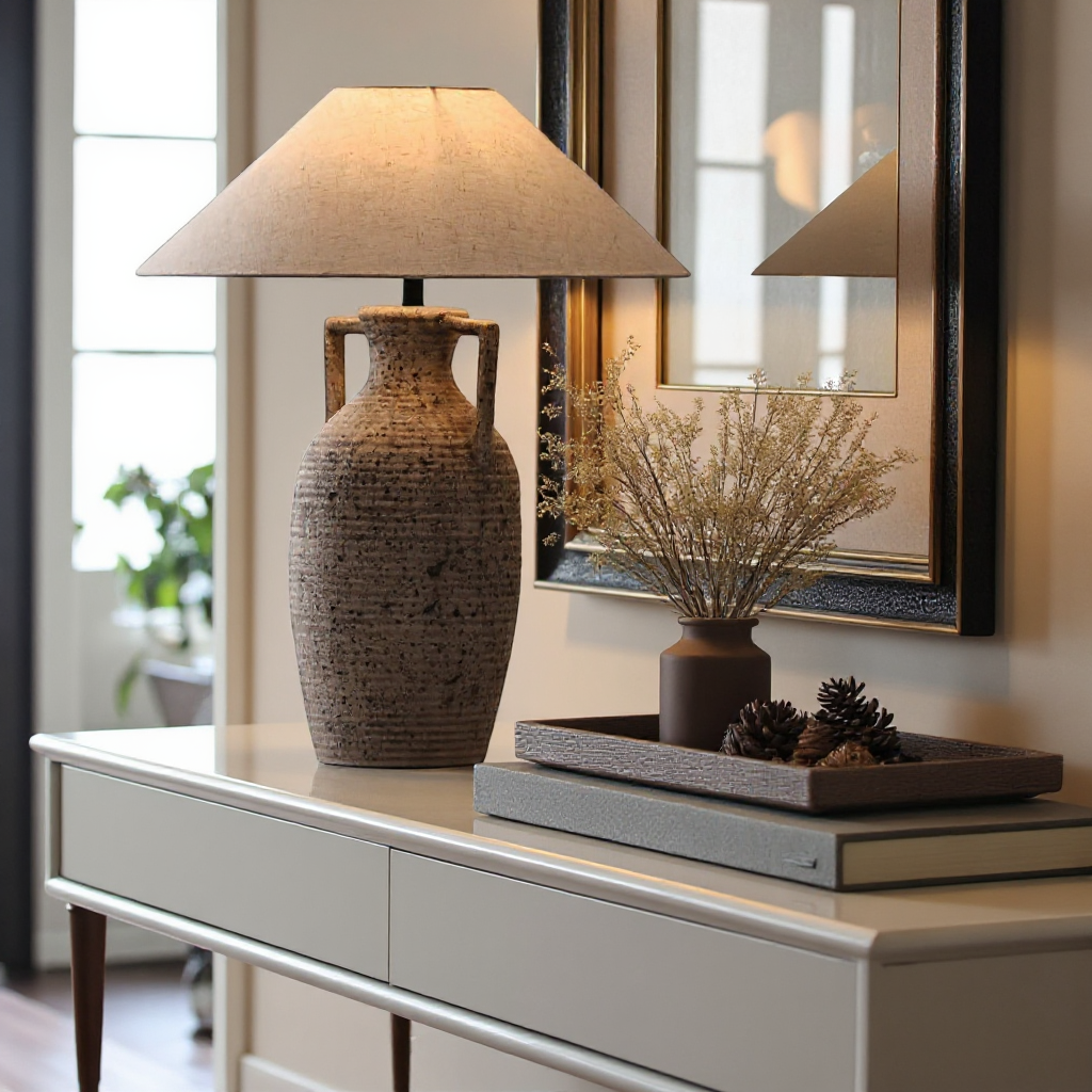 Amphora, Rustic Ceramic Base with Classic Fabric Shade, 19.7" D x 28.3" H