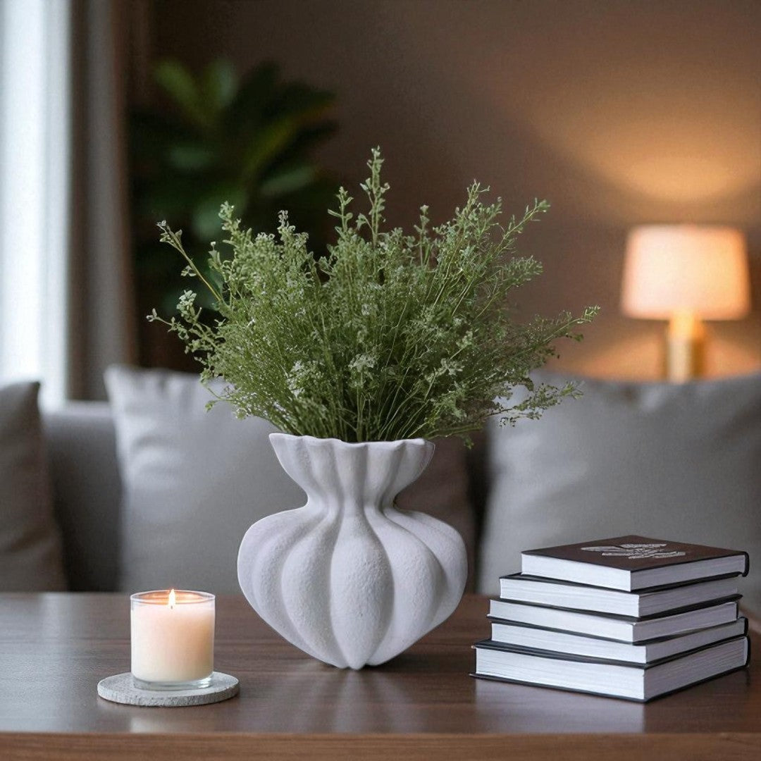 Ember Terracotta Vase, Hand-painted in White Dove, 8.6"D x 8.6"H