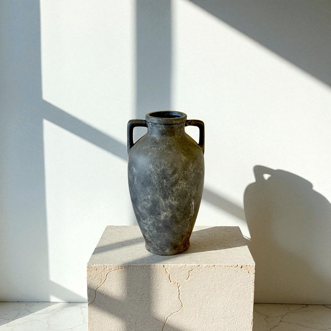 Hearth Terracotta Pot with Handles, Hand-Painted in Aged Black, 6.9"D X 12.6"H