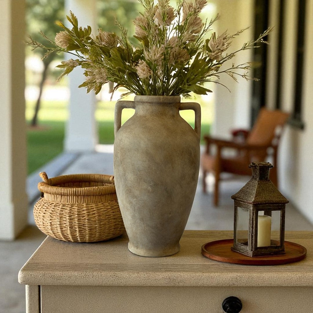 Hearth Terracotta Pot with Handles, Hand-Painted in Aged White, 6.9"D X 12.6"H