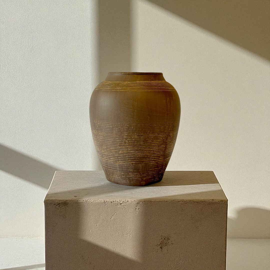 Heritage Classic Terracotta Vessel, Hand-Painted in Earthly Brown 7.8"D x 9.4"H