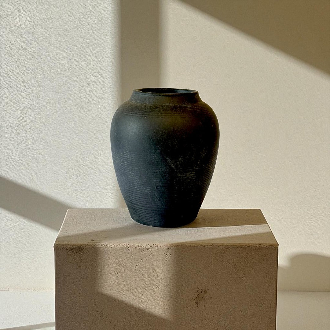 Heritage Classic Terracotta Vessel - Hand-Painted in Weathered Black, 7.8"D x 9.4"H