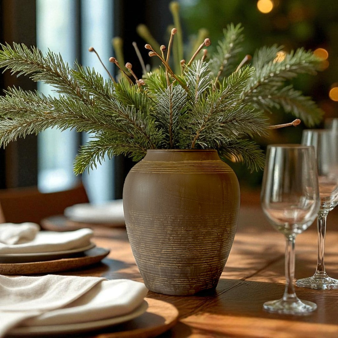 Heritage Classic Terracotta Vessel, Hand-Painted in Earthly Brown 7.8"D x 9.4"H