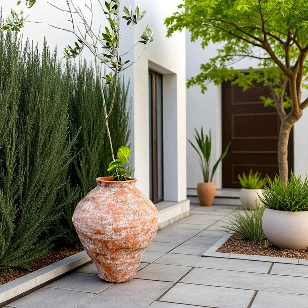 Mojave Rustique Fiber Clay Vessel, Hand-Painted in Aged Terracotta 15.7" D x 18.8" H