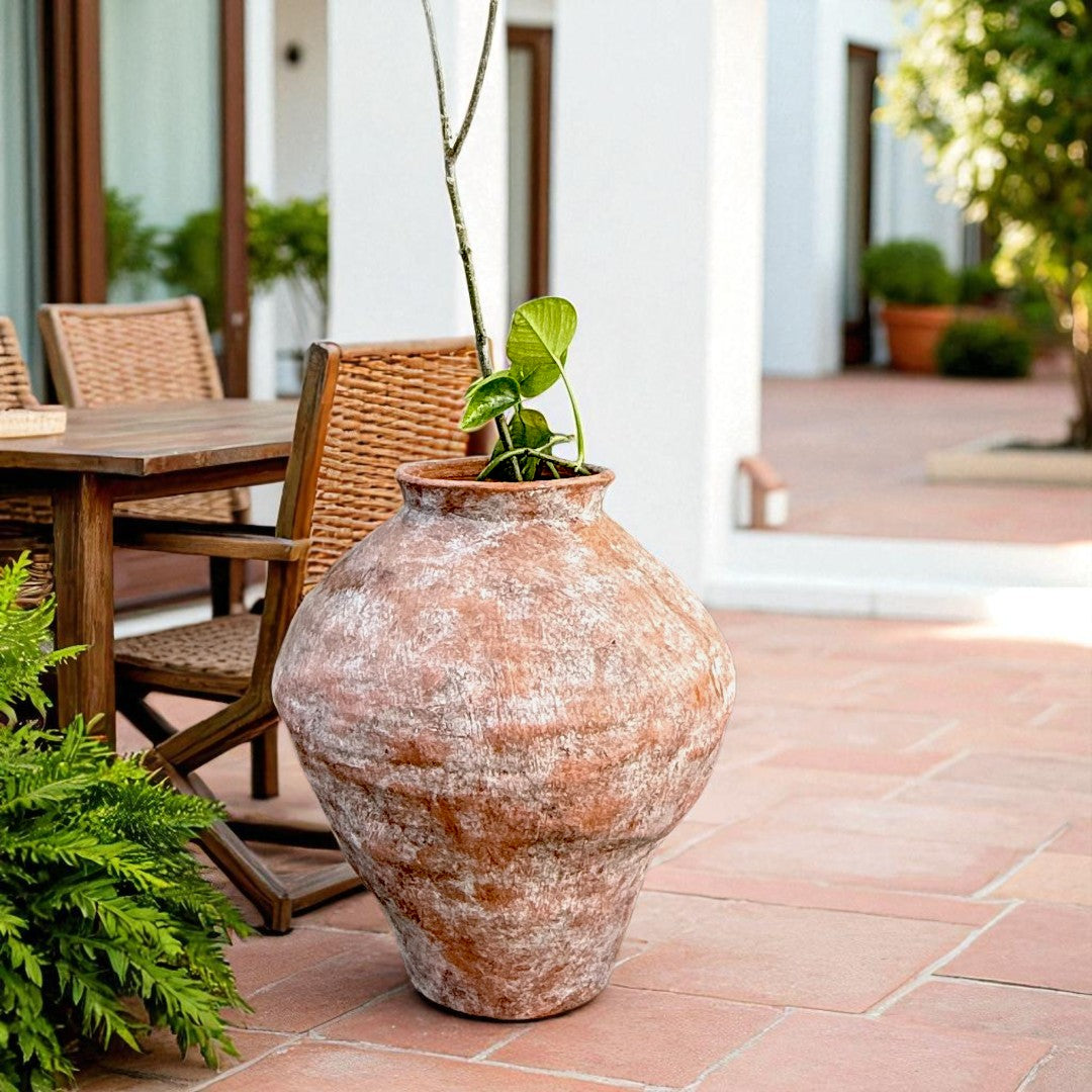 Mojave Rustique Fiber Clay Vessel, Hand-Painted in Aged Terracotta 15.7" D x 18.8" H