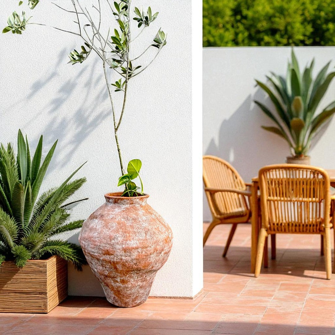 Mojave Rustique Fiber Clay Vessel, Hand-Painted in Aged Terracotta 15.7" D x 18.8" H