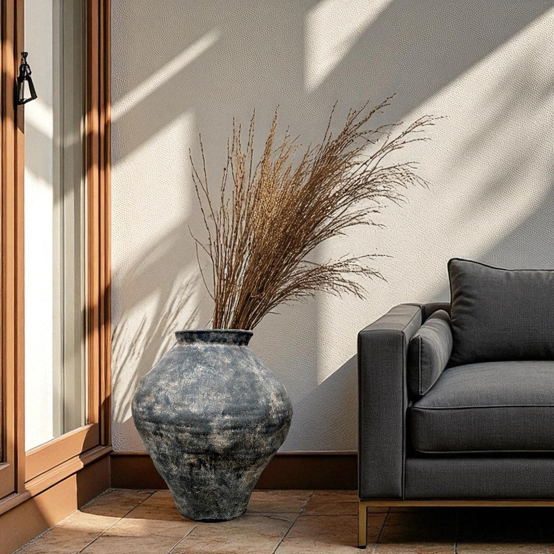 Mojave Rustique Fiber Clay Vessel, Hand-Painted in Weathered Black 15.7" D x 18.8" H