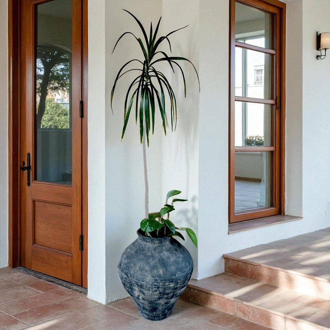 Mojave Rustique Fiber Clay Vessel, Hand-Painted in Weathered Black 15.7" D x 18.8" H