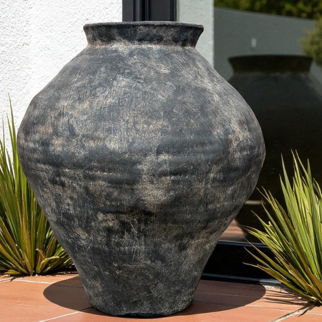 Mojave Rustique Fiber Clay Vessel, Hand-Painted in Weathered Black 15.7" D x 18.8" H