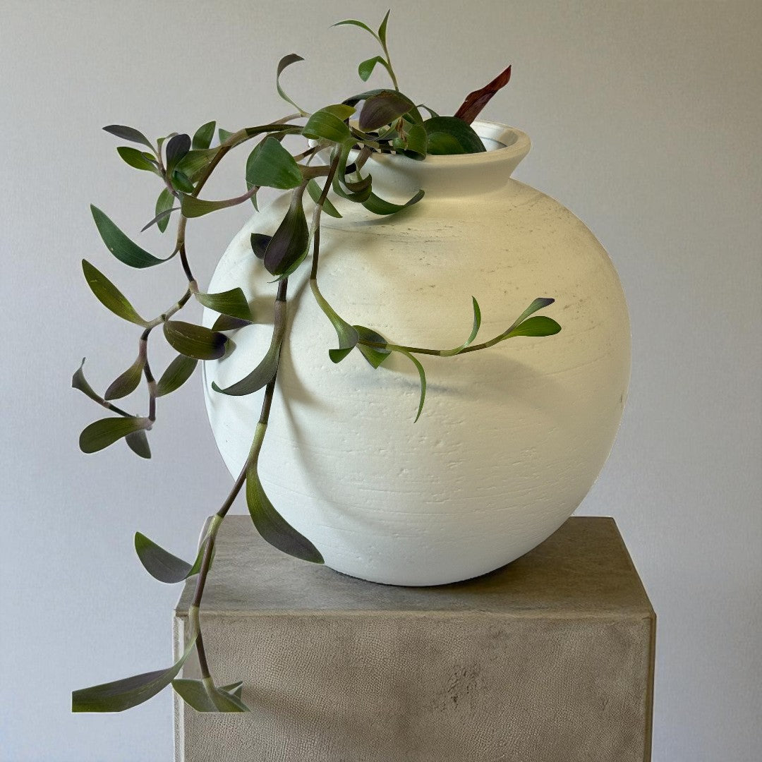 Relic, Terracotta Vessel, Handpainted in White, 10.2" D x 10.6" H