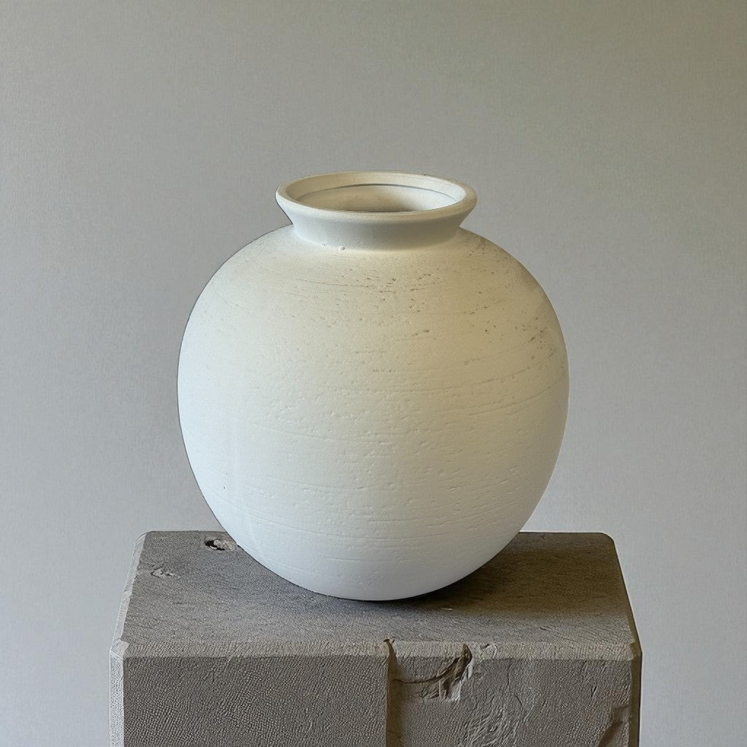 Relic, Terracotta Vessel, Handpainted in White, 10.2" D x 10.6" H