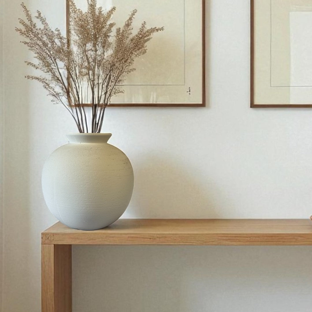 Relic, Terracotta Vessel, Handpainted in White, 10.2" D x 10.6" H