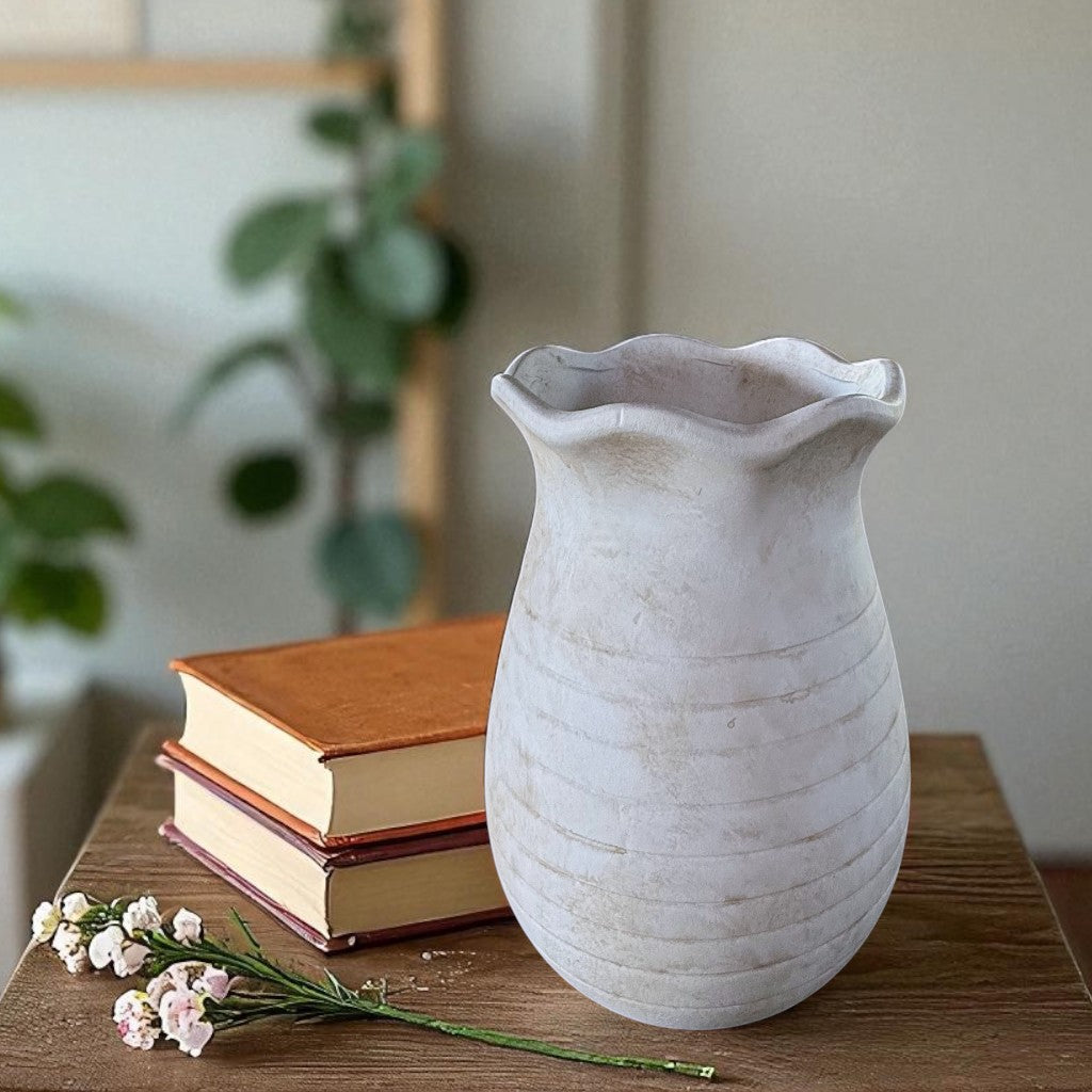 Sable Scalloped Crock, Terracotta Pot, Hand-Painted in Aged White, 6.2"D x 9.4"H