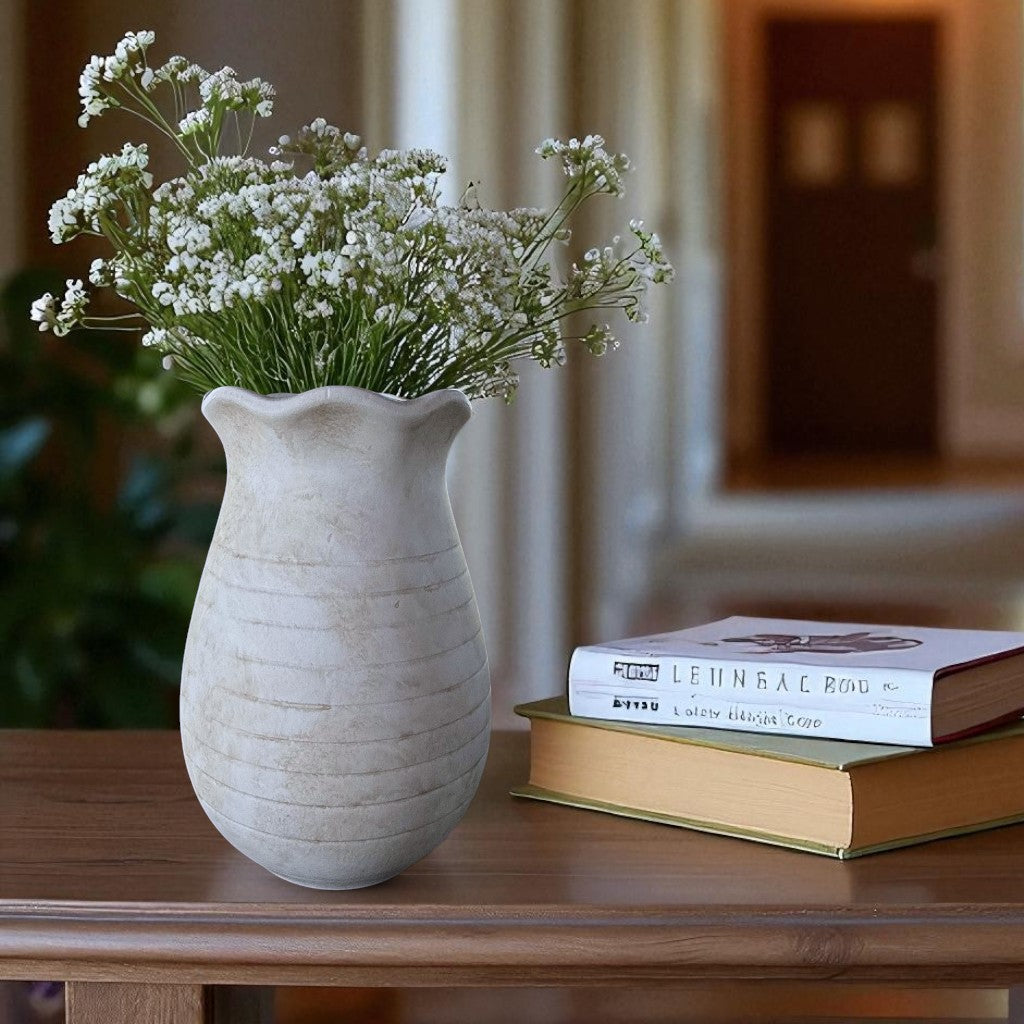 Sable Scalloped Crock, Terracotta Pot, Hand-Painted in Aged White, 6.2"D x 9.4"H