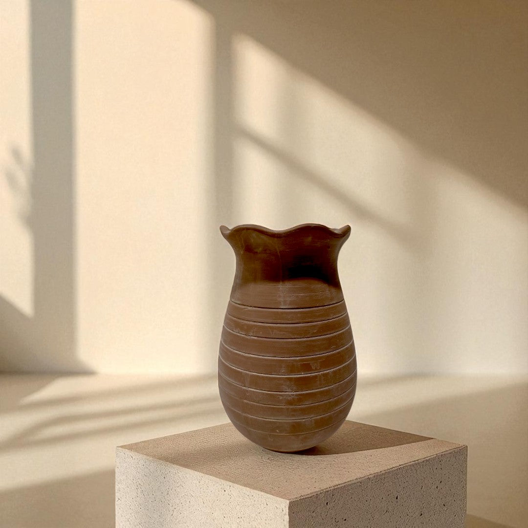 Sable Scalloped Crock,Terracotta Pot,Hand-Painted in Earthly Brown, 6.2"D x 9.4"H