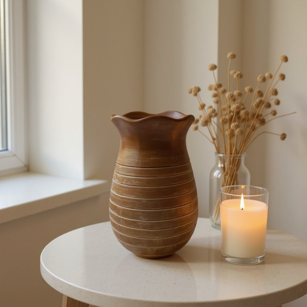 Sable Scalloped Crock,Terracotta Pot,Hand-Painted in Earthly Brown, 6.2"D x 9.4"H