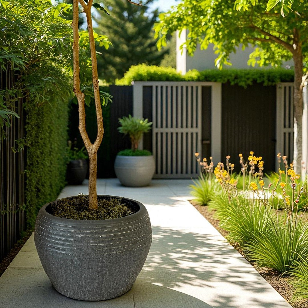 Sahara Fiber Clay Planter, Hand-painted in Earthly Gray, 19.6"D x 13"H