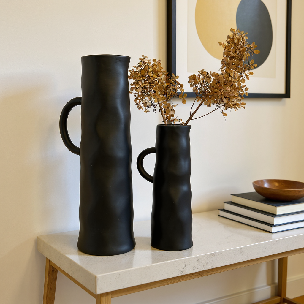 Savannah Pitcher-Style, Terracotta Vessel, Handpainted in Jet Black