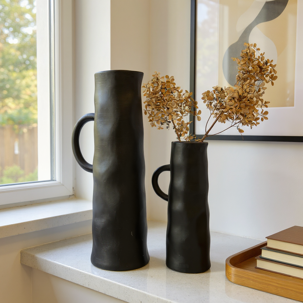 Savannah Pitcher-Style, Terracotta Vessel, Handpainted in Jet Black