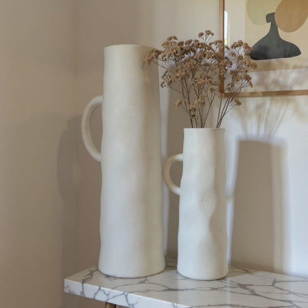 Savannah Pitcher-Style, Terracotta Vessel, Handpainted in Oyster White