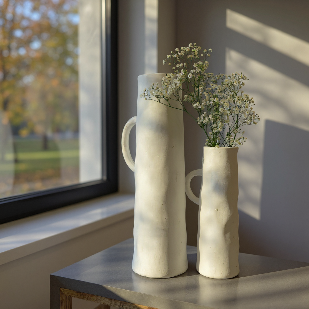Savannah Pitcher-Style, Terracotta Vessel, Handpainted in Oyster White