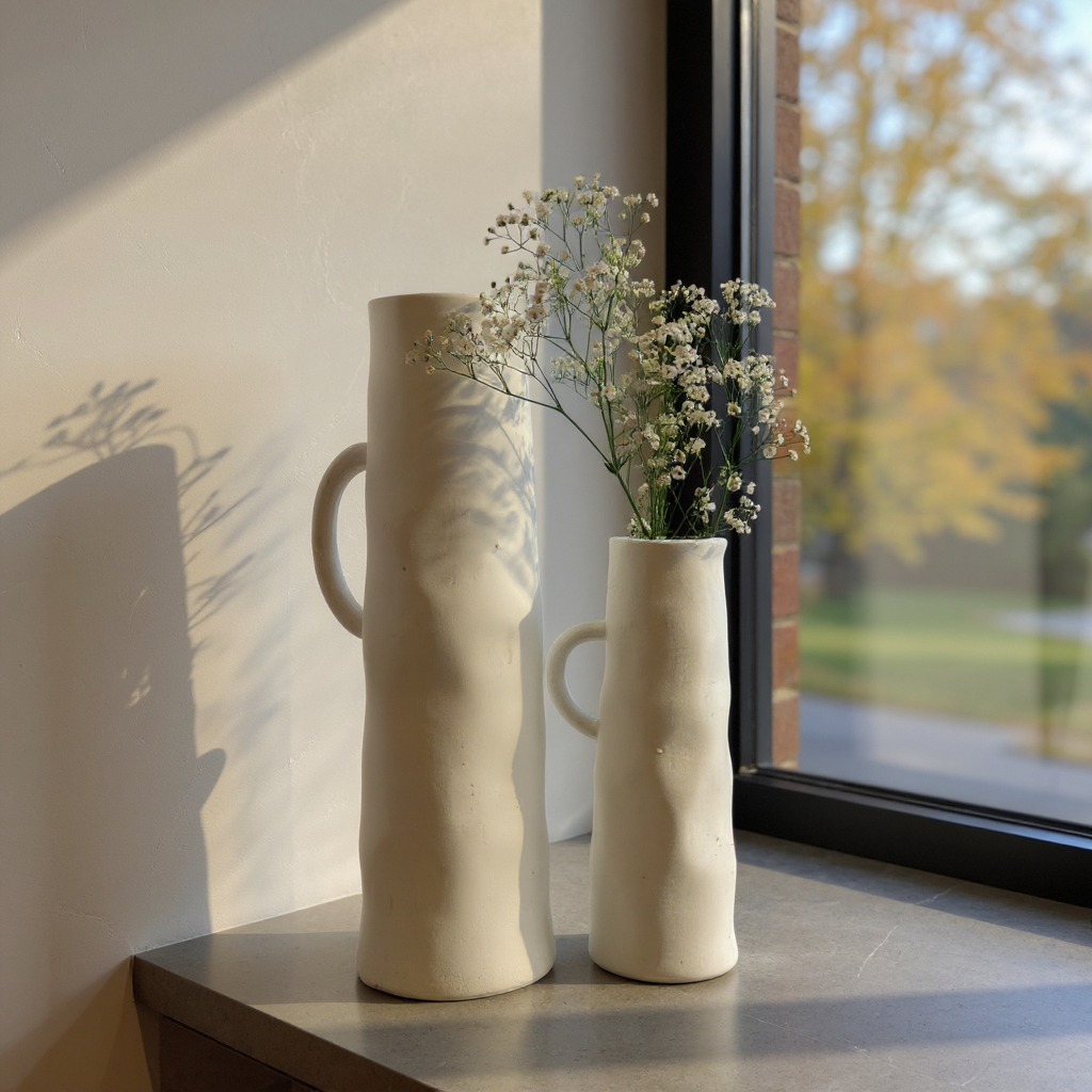 Savannah Pitcher-Style, Terracotta Vessel, Handpainted in Oyster White